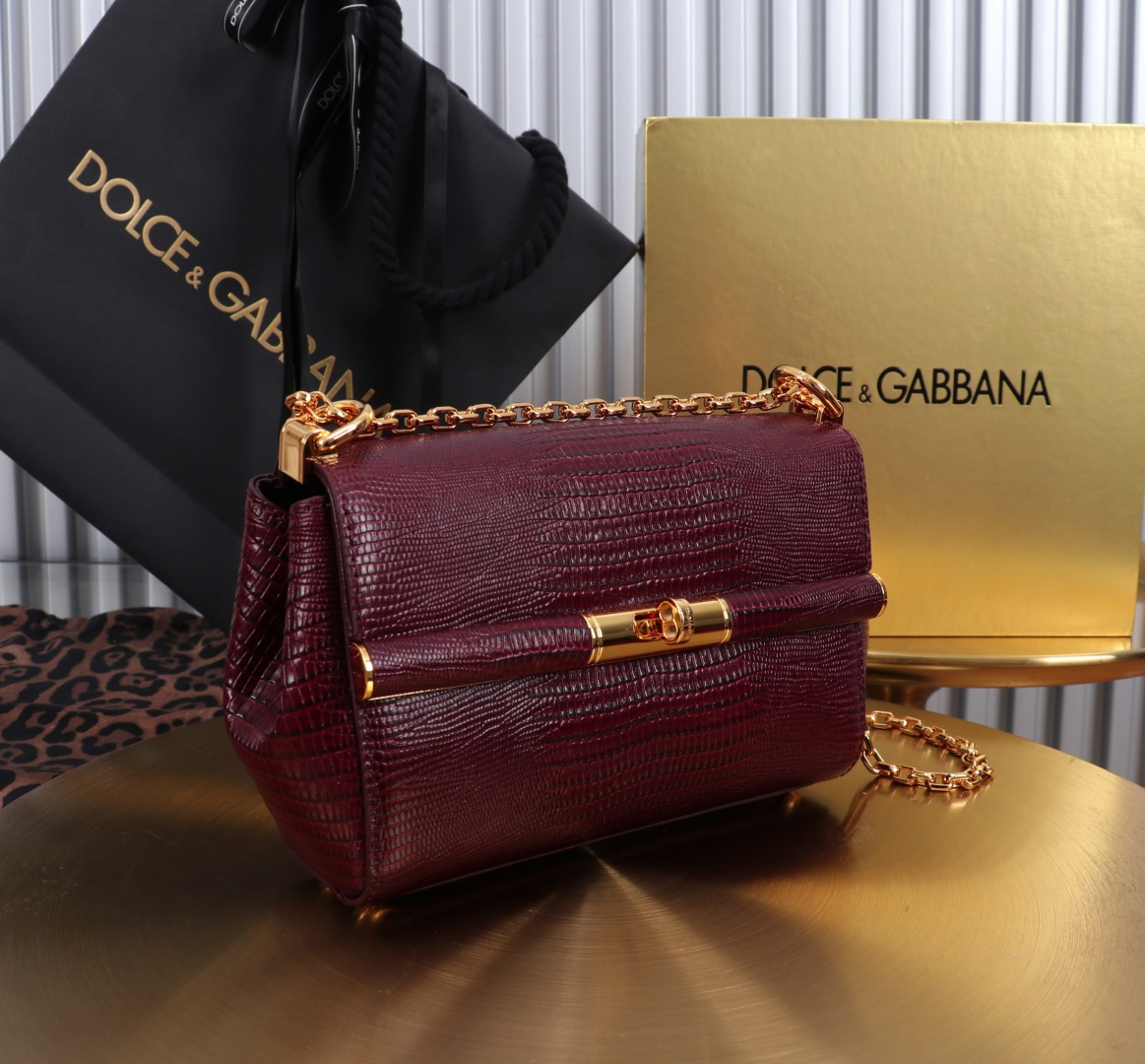 [TOP] Dolce & Gabbana D&G Shoulder Bag with Lizard Print 18x10.6x7cm - Dark Red - 711 Luxury