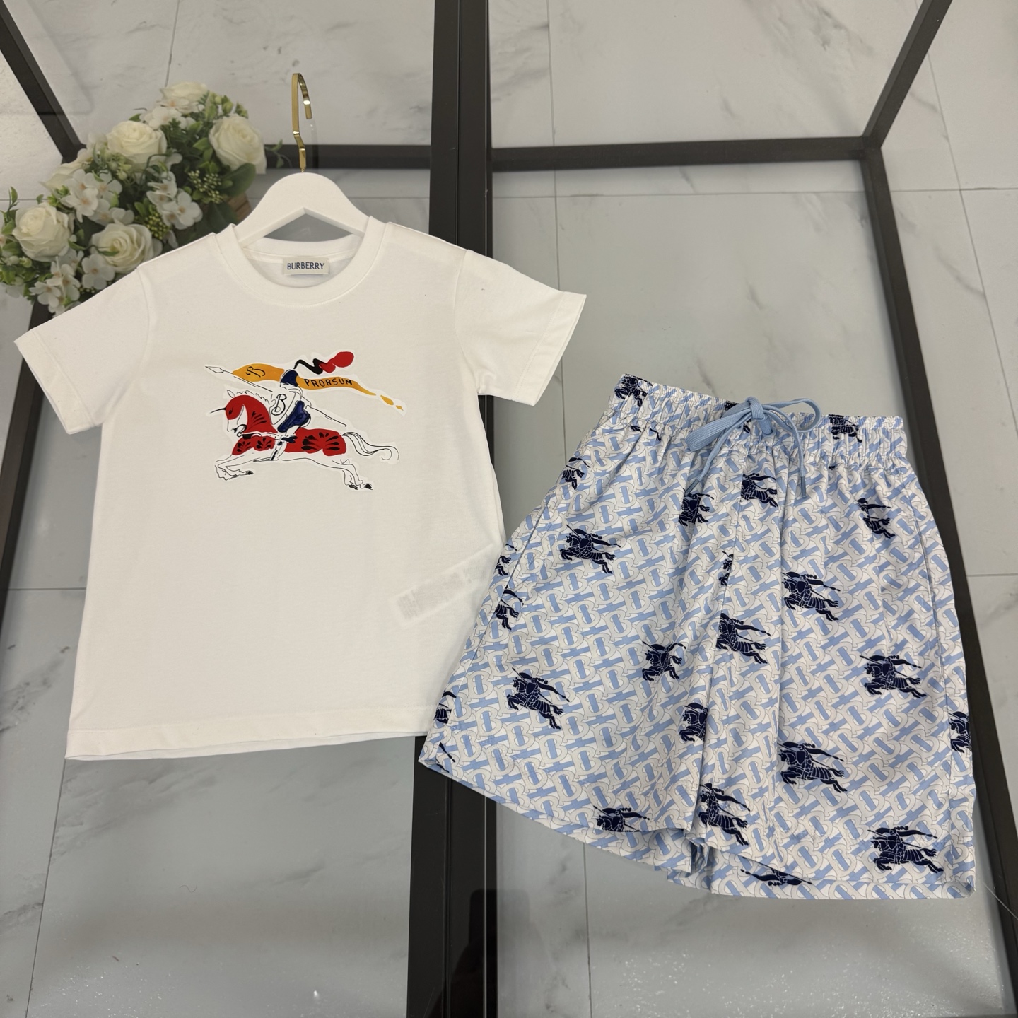 Burberry Unisex Kids White Colorful Knight Print Short Sleeve T-Shirt & All Over Blue Knight Monogram Drawstring Beach Shorts Two Piece Set Boys Girls Sizes 100-150