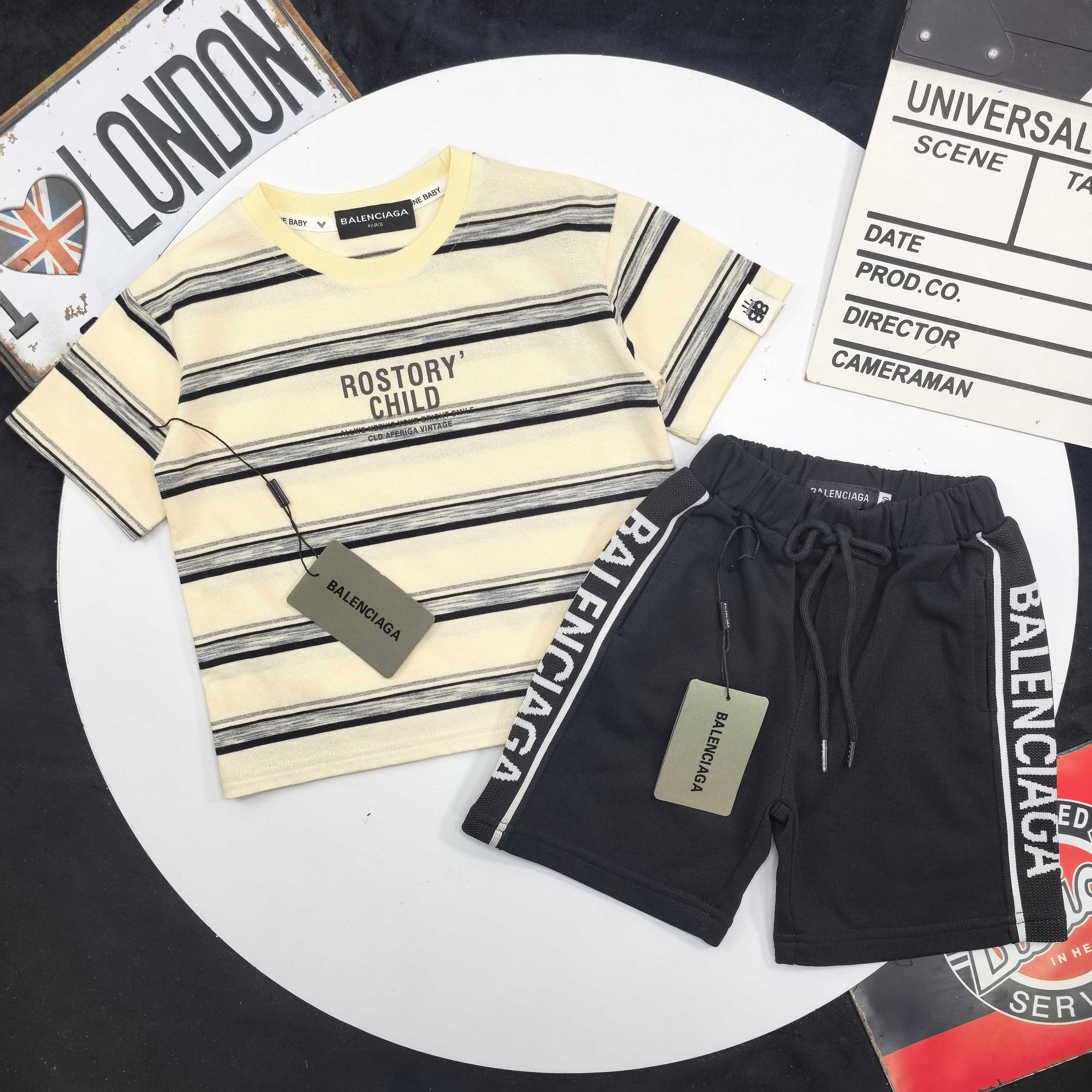 Balenciaga Unisex Kids Cream Striped Letter Print Short Sleeve T Shirt & Side Logo Tape Black Shorts Two Piece Set Boys Girls Sizes 90-150