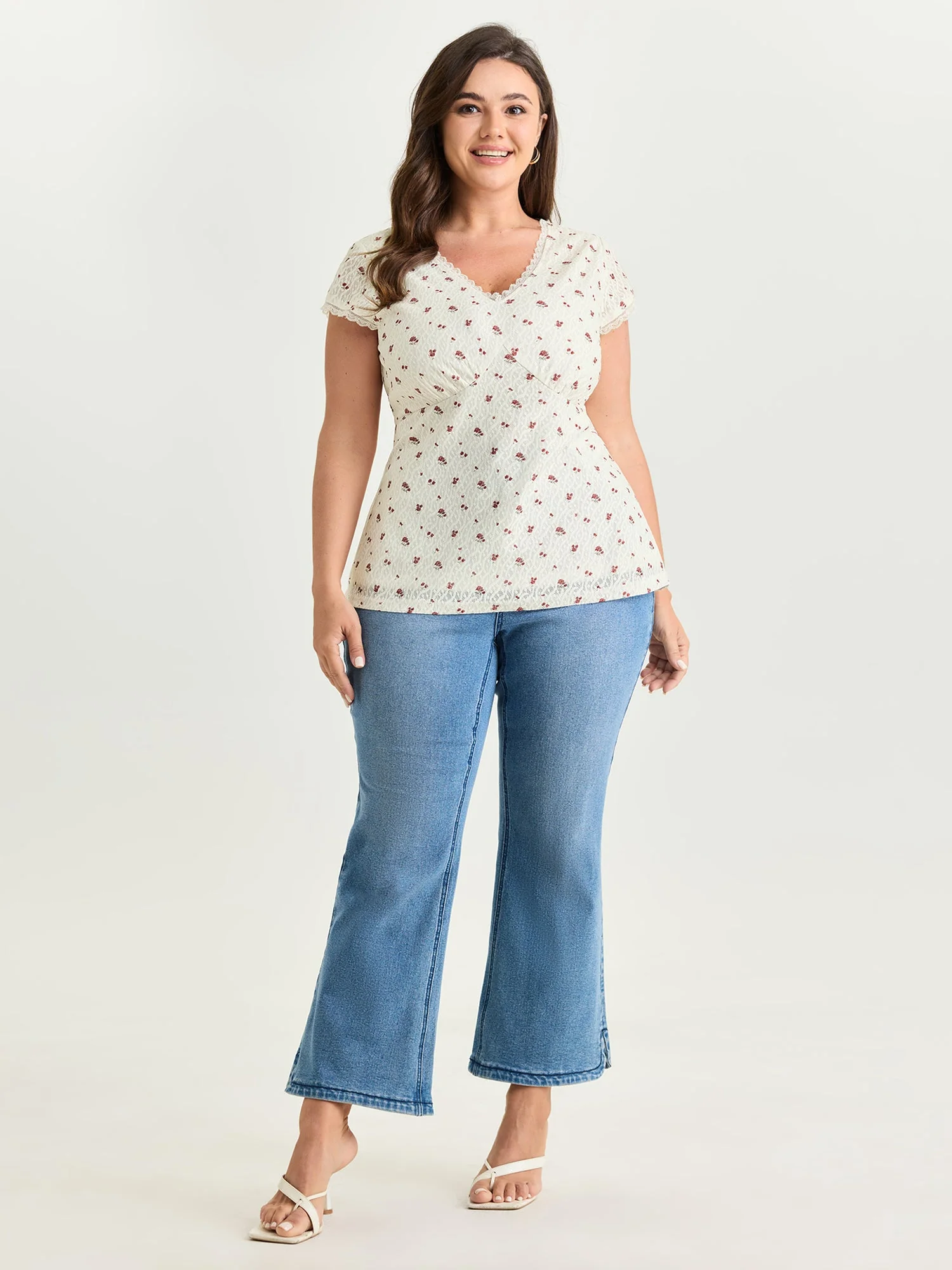 Rose Print V-Neck Knit Top