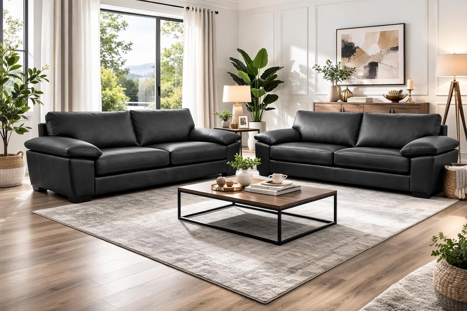 SOFA SCENE Amalfi Style 3+2 Seater Sofa Set, Oakland Fabric, Black,/Brown Contemporary Living Room Furniture (MIDNIGHT BLACK, 3 SEATER)