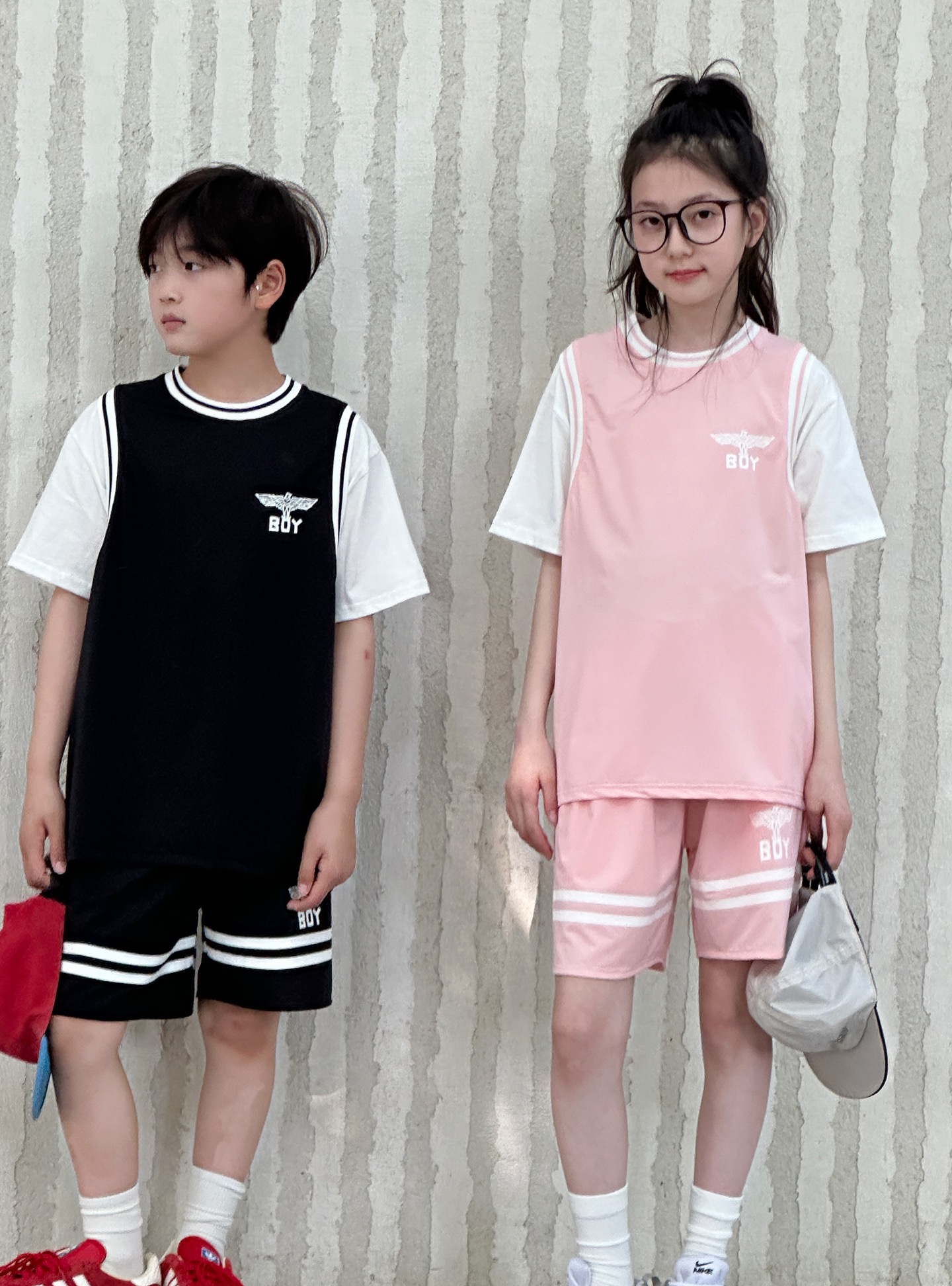 Boy London Unisex Kids Black Pink Eagle Logo Two Piece Basketball Jersey & Striped Shorts Set Boys Girls Sizes For Teenagers