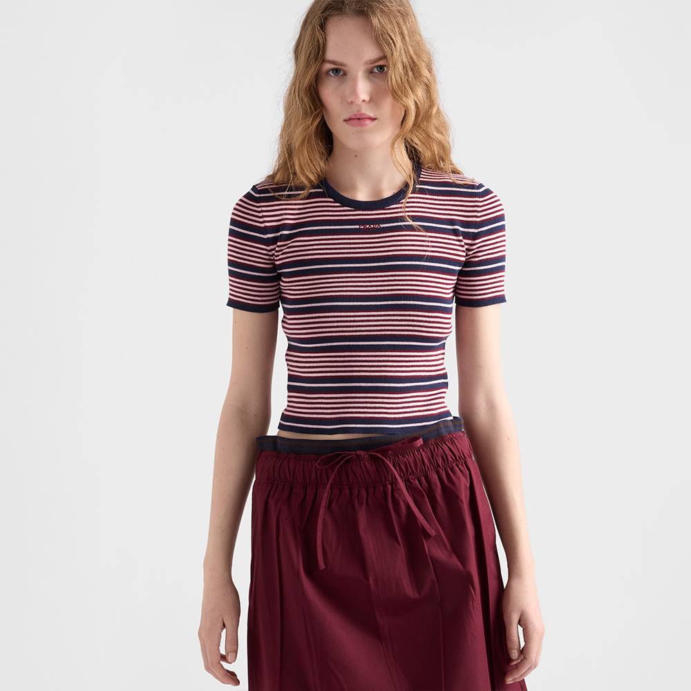 PRADA Navy Petal Short-sleeved Striped Cotton Sweater #386278