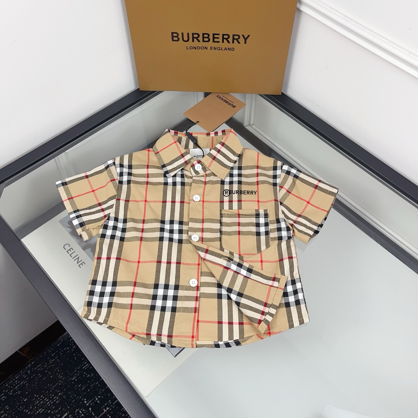 Burberry Unisex Kids Vintage Check Short Sleeve Button Down Shirt Boys Girls Khaki Plaid Cotton Casual Top Sizes 90-150