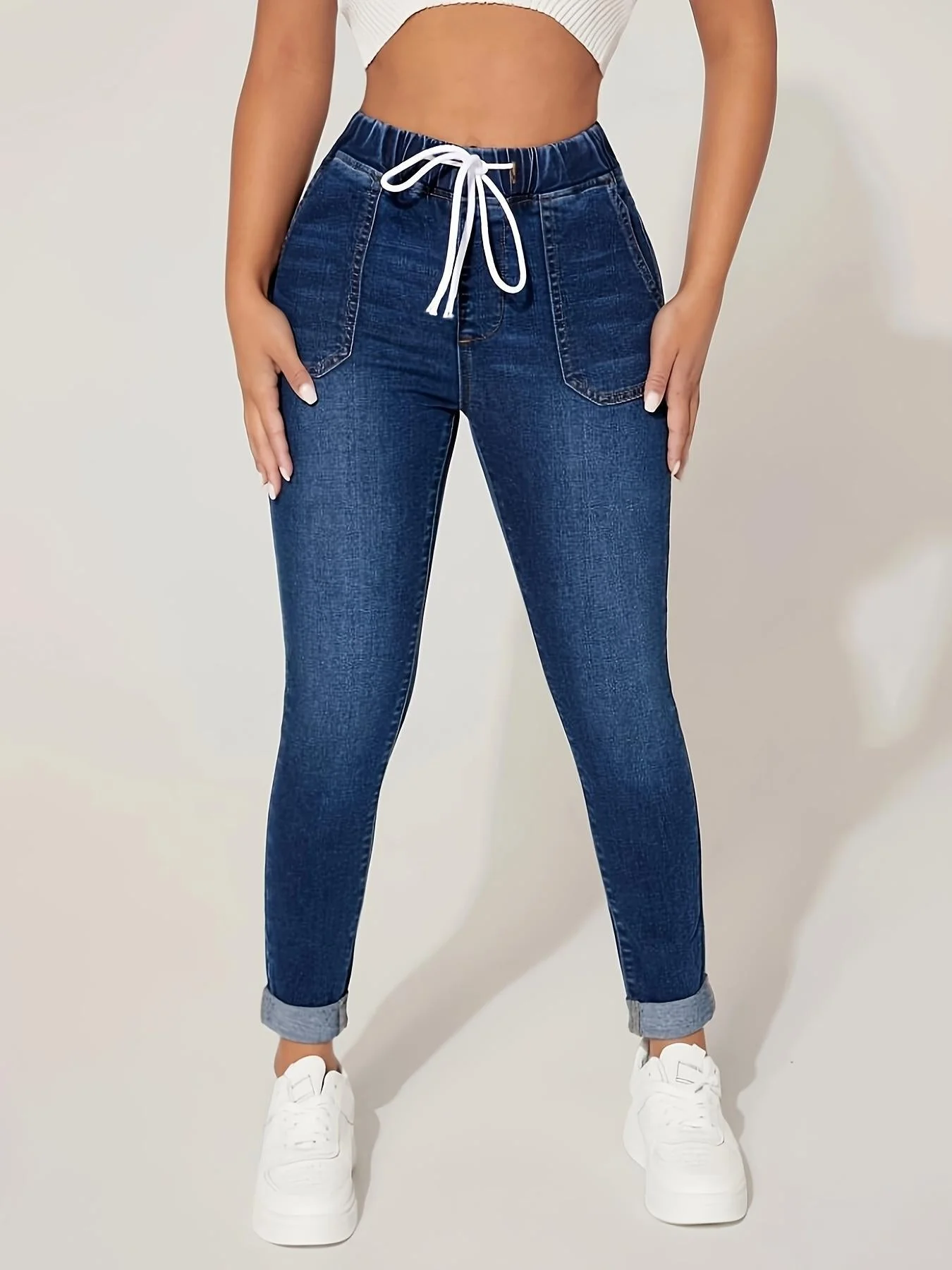 Womens Drawstring Washing Casual Jeanst