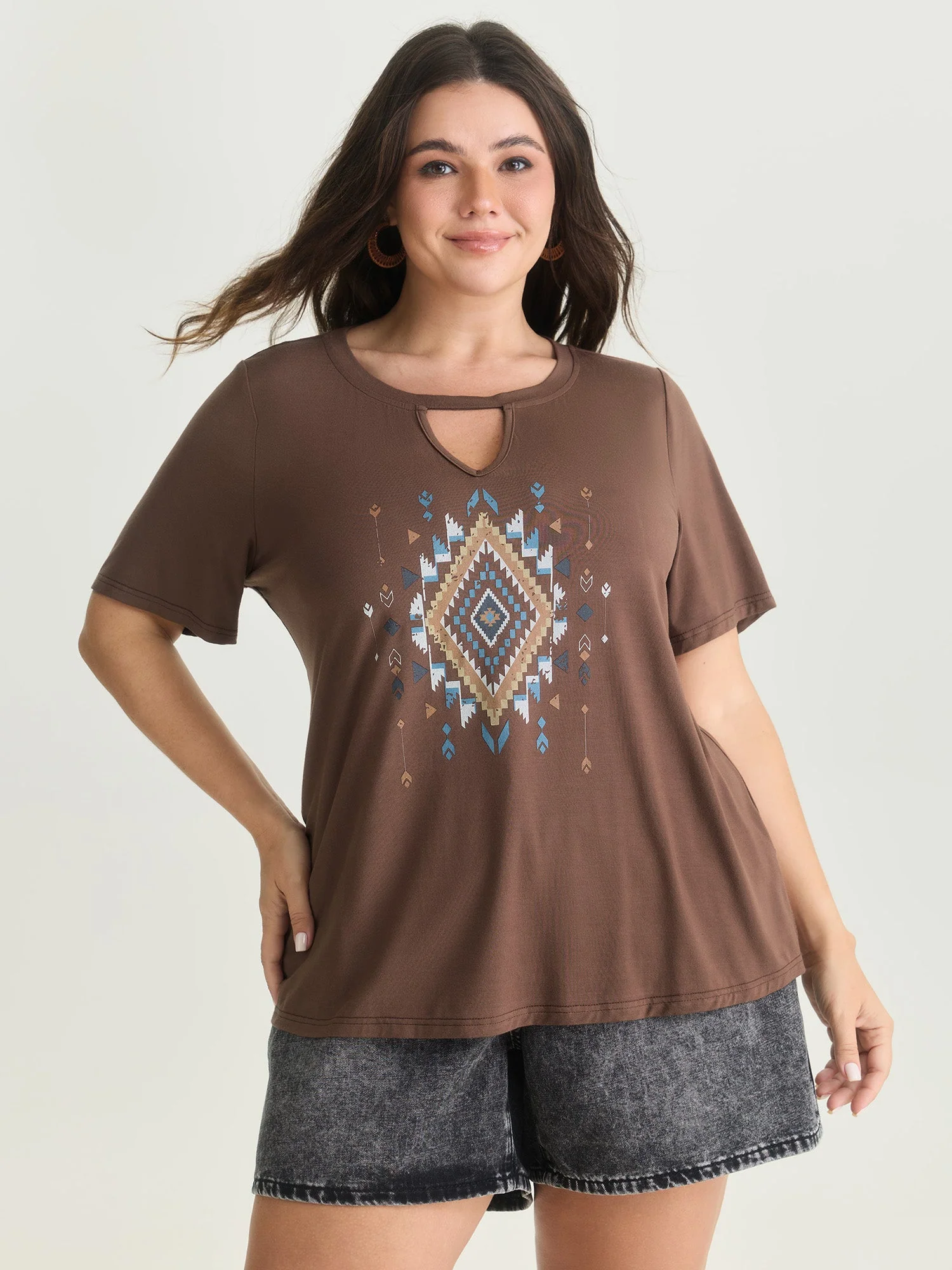 Supersoft Geometric Print Keyhole Neckline T-Shirt