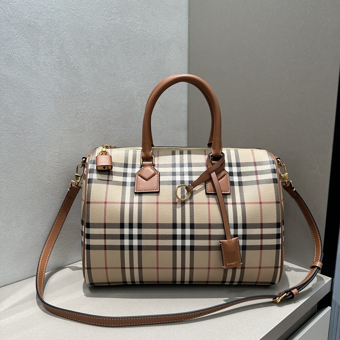 [TOP] BURBERRY Vintage Plaid Boston Bag 30x15x21cm - Khaki and Brown - 711 Luxury