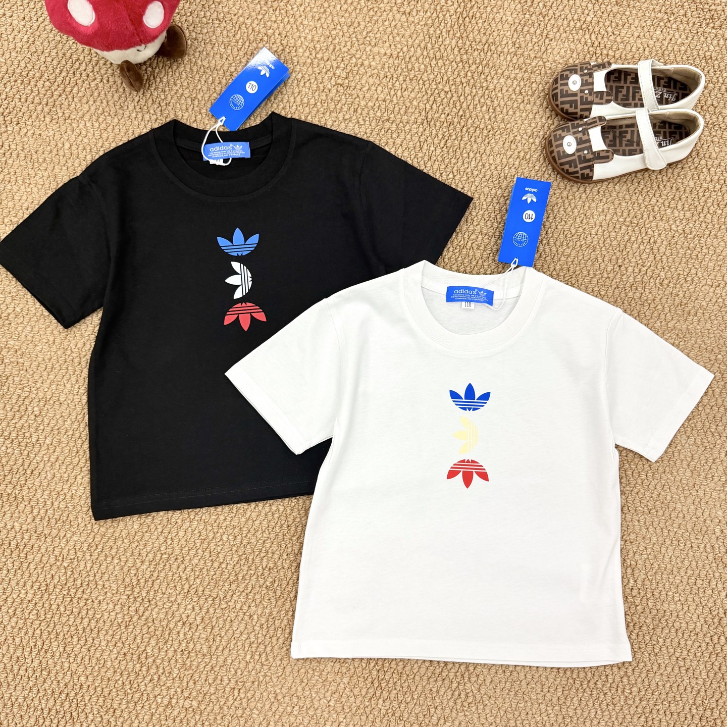 Adidas Unisex Kids Black White Multicolor Trefoil Logo Short Sleeve Crew Neck T-Shirt Boys Girls Sizes 90-160