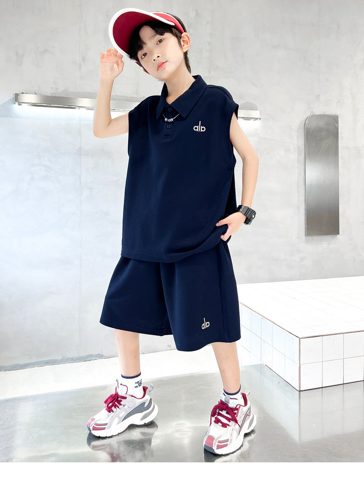 Alo Kids Sleeveless Polo Vest & Elastic Waist Shorts Matching Set For Boys Korean Loose Outfit Sizes 120-170