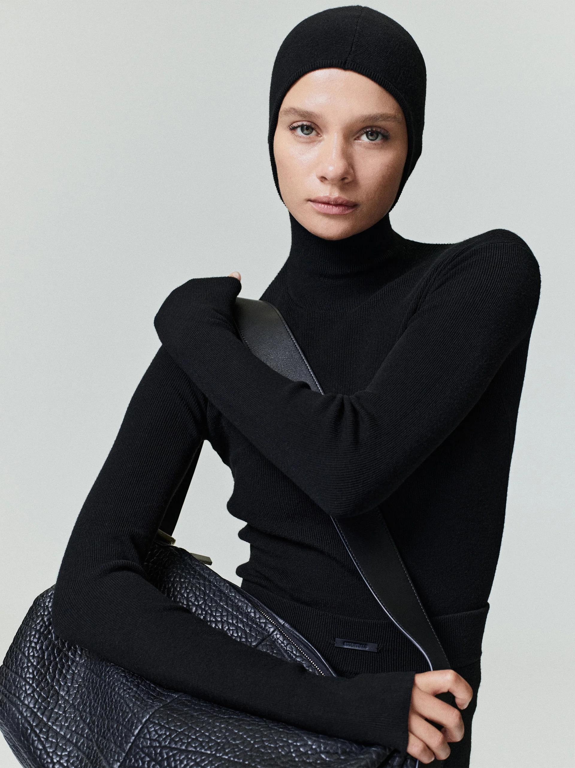 ESSENTIALS Womens Long Sleeve Hooded Rib Top