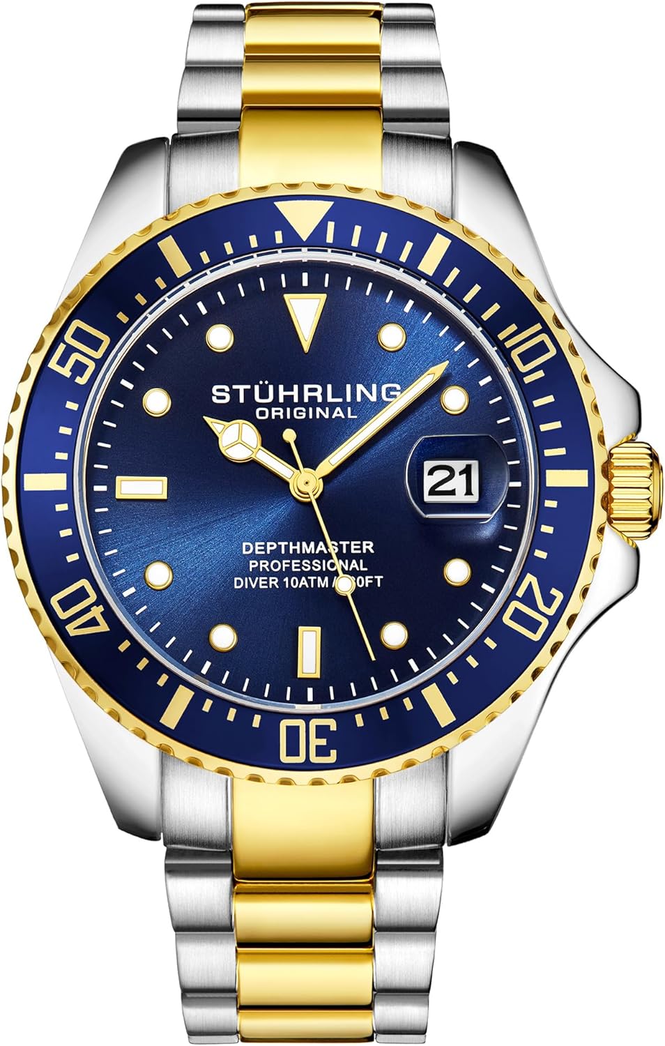 Stuhrling Original Men's Watches Pro Dive Watch Sports Watch with 42 MM Case Blue Dial Stainless Steel Silver Bracelet Diving Watch for Men