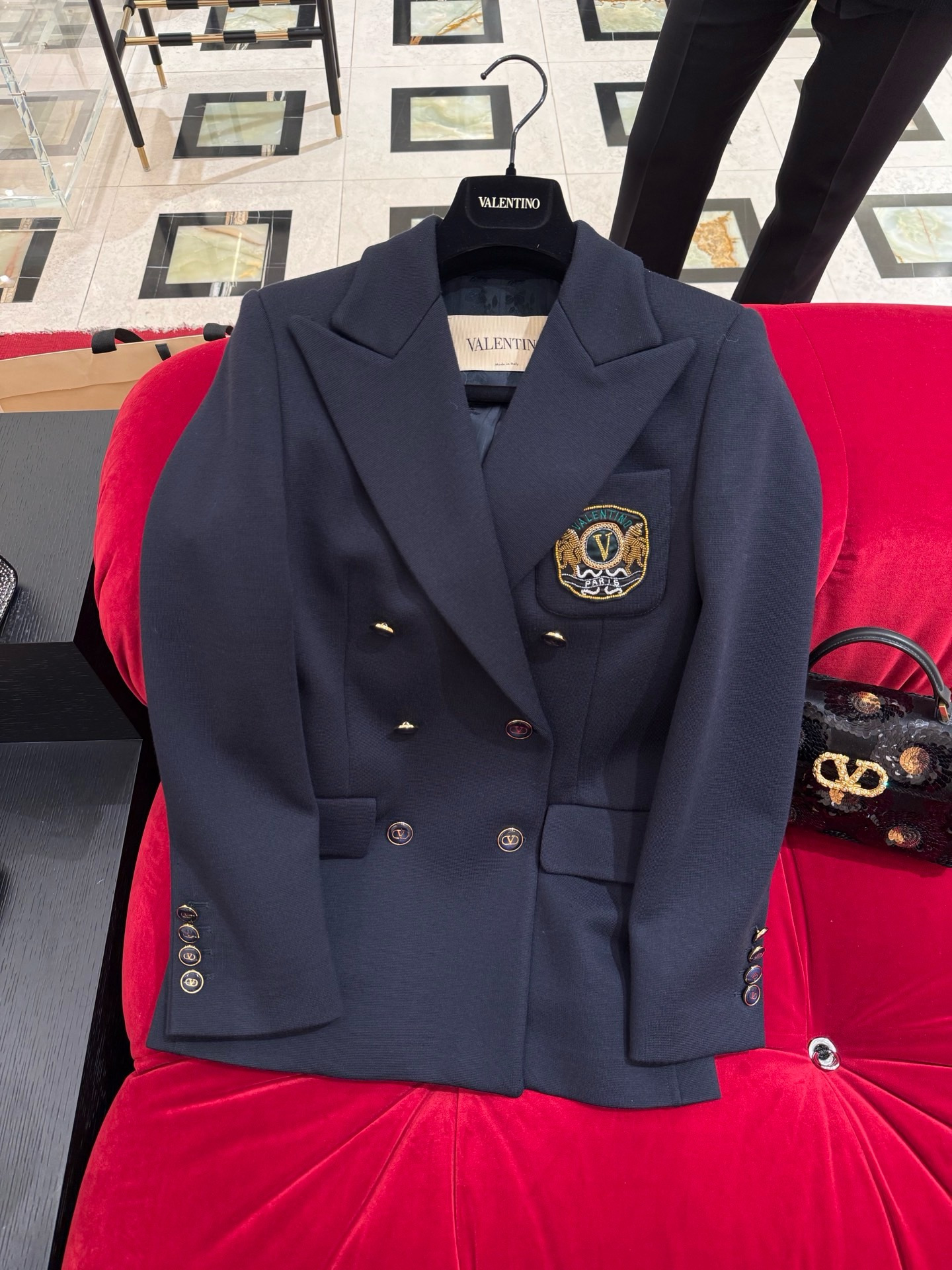 Valentino blue Clothing Valentino Dark Blue Double-breasted Embroidered Badge Blazer #390171 View 2 | Nigo Office