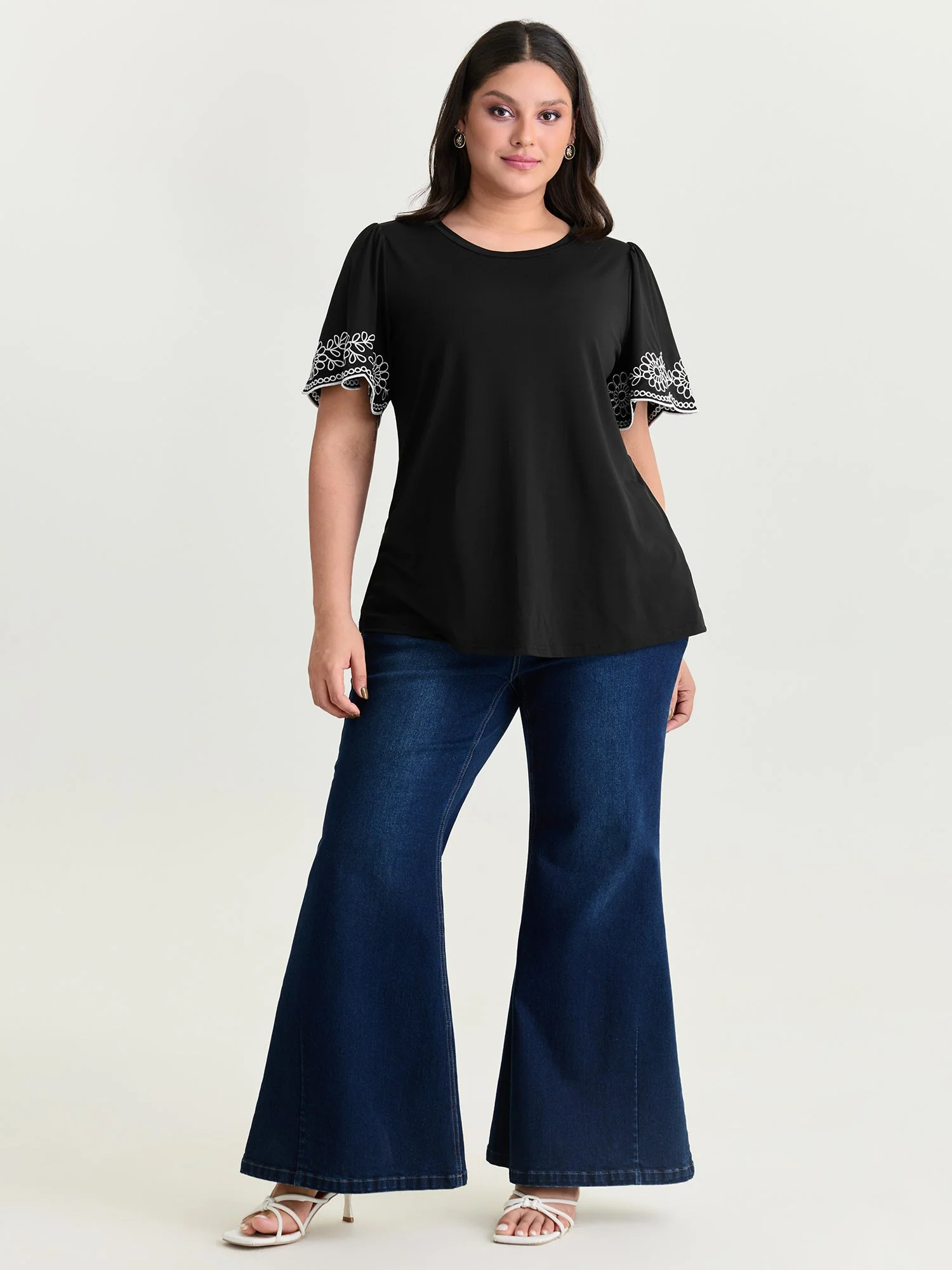 Stretchy Embroidered Sleeve Plain T-Shirt