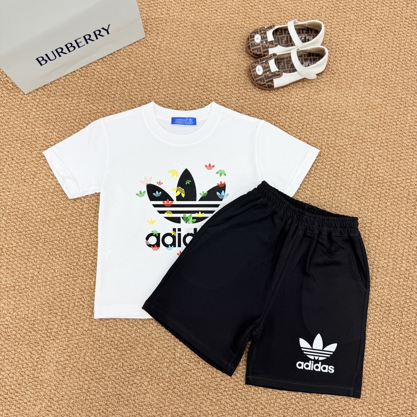 Adidas Unisex Kids 2Pcs Summer Tracksuit Colorful Mini Trefoil Short Sleeve T-Shirt & Drawstring Shorts Full Tags Sizes 90-150 Boys Girls Matching Sport Outfit Set