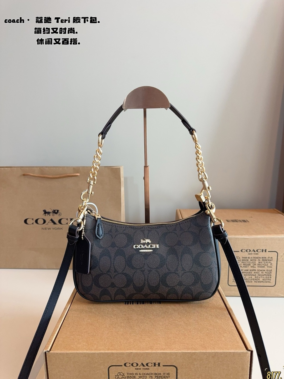 Coach Teri Canvas Shoulder Bag with Chain Strap and Zipper Closure (Replica)
