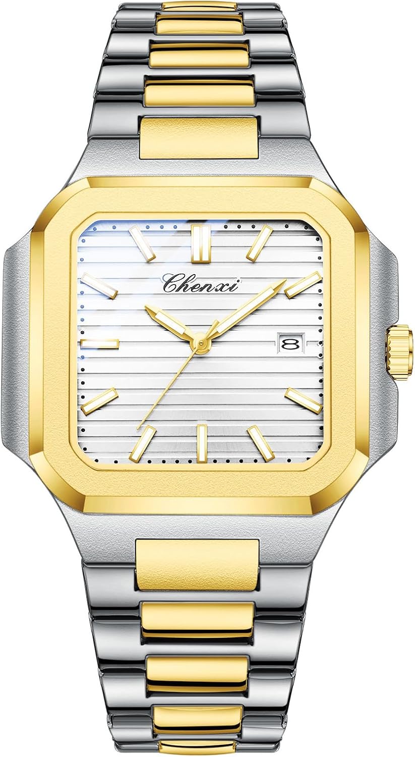 BESTKANG Men's Classic Square Watch - Silver Stainless Steel Analog Quartz Dress Watch with Luminous Hands, Date Calendar, 30M Water Resistant for Business Casual