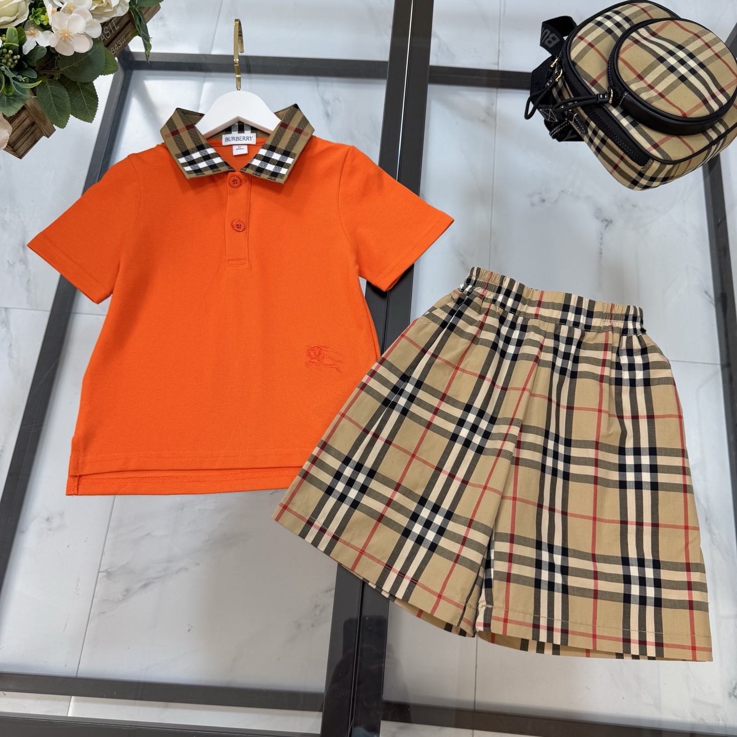 Burberry Unisex Kids Vintage Check Collar Orange Polo Shirt & Elastic Waist Plaid Shorts Two Piece Set Boys Girls Sizes 100-160