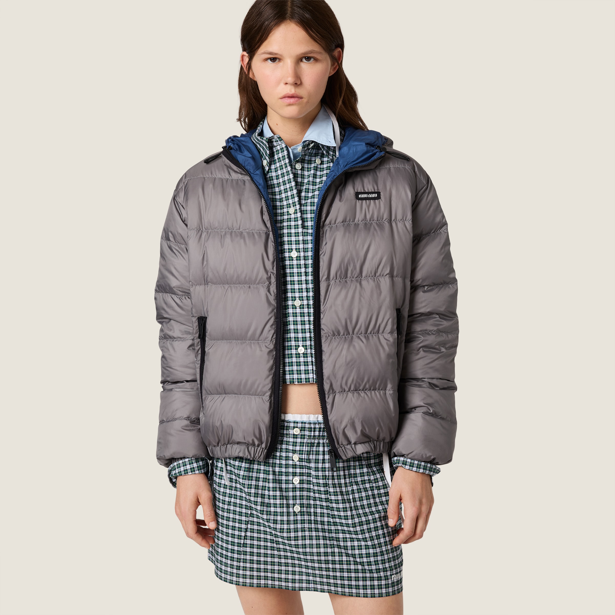 Designer gray Clothing MiuMiu Steel Gray Light Pongé Down Hoodie Jacket #394366 View 2 | Nigo Office