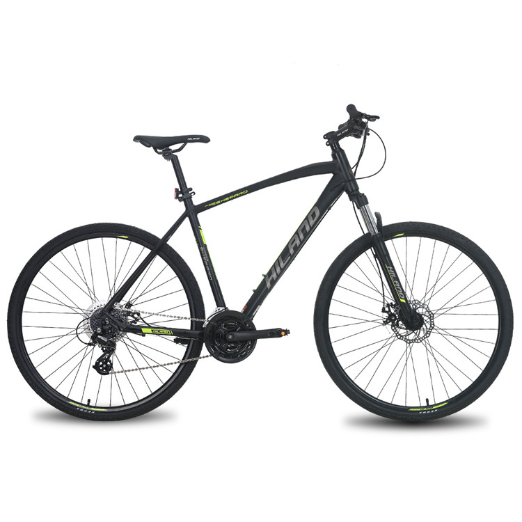 Black 700C men's hybrid bicycle with suspension fork, disc brakes, and 24-speed gearing for urban commuting and everyday cycling.