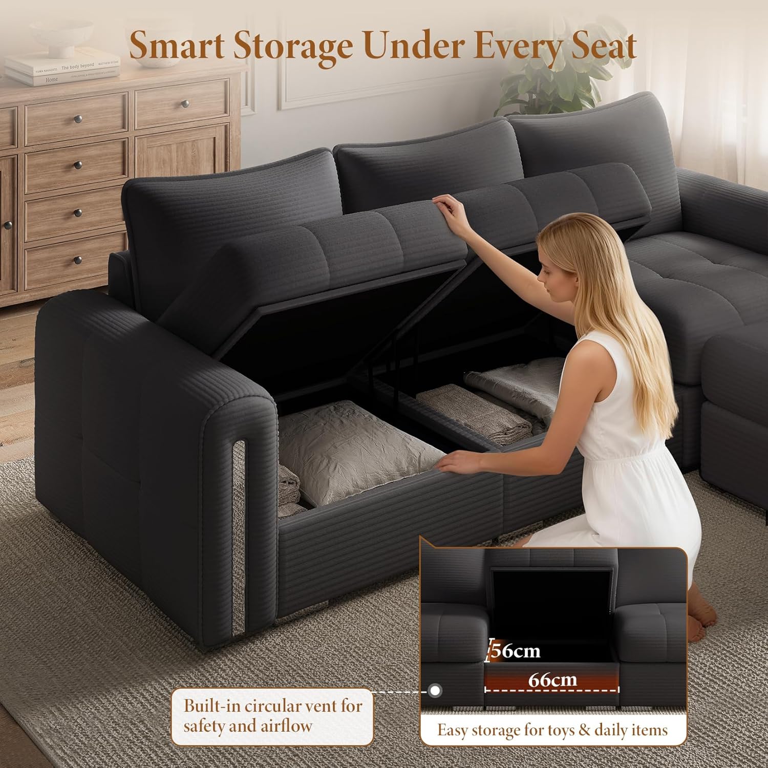 Vesgantti 3 Seater Sofas with Storage, Modular Sectional Dark Grey Sofa for Living Room in soft Corduroy, Small Couch for Bedroom, Home Office, Studio, 3 Seater