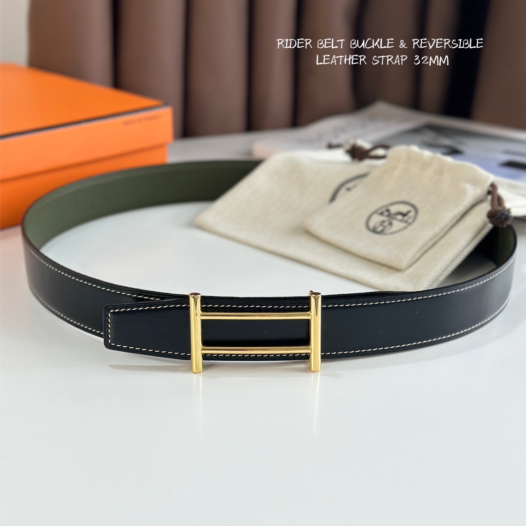 [TOP] HERMES Rider Calfskin Belt 32mm - Black and Green - 711 Luxury
