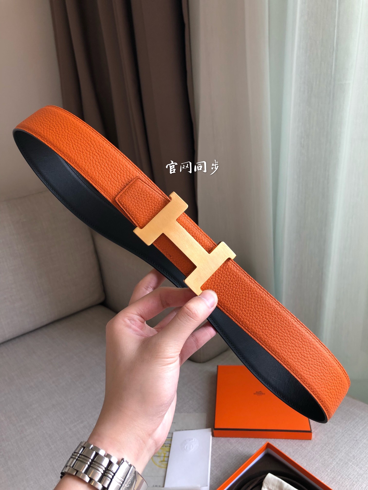 [TOP] HERMES Men's Calfskin Belt 38mm - Black and Orange - 711 Luxury