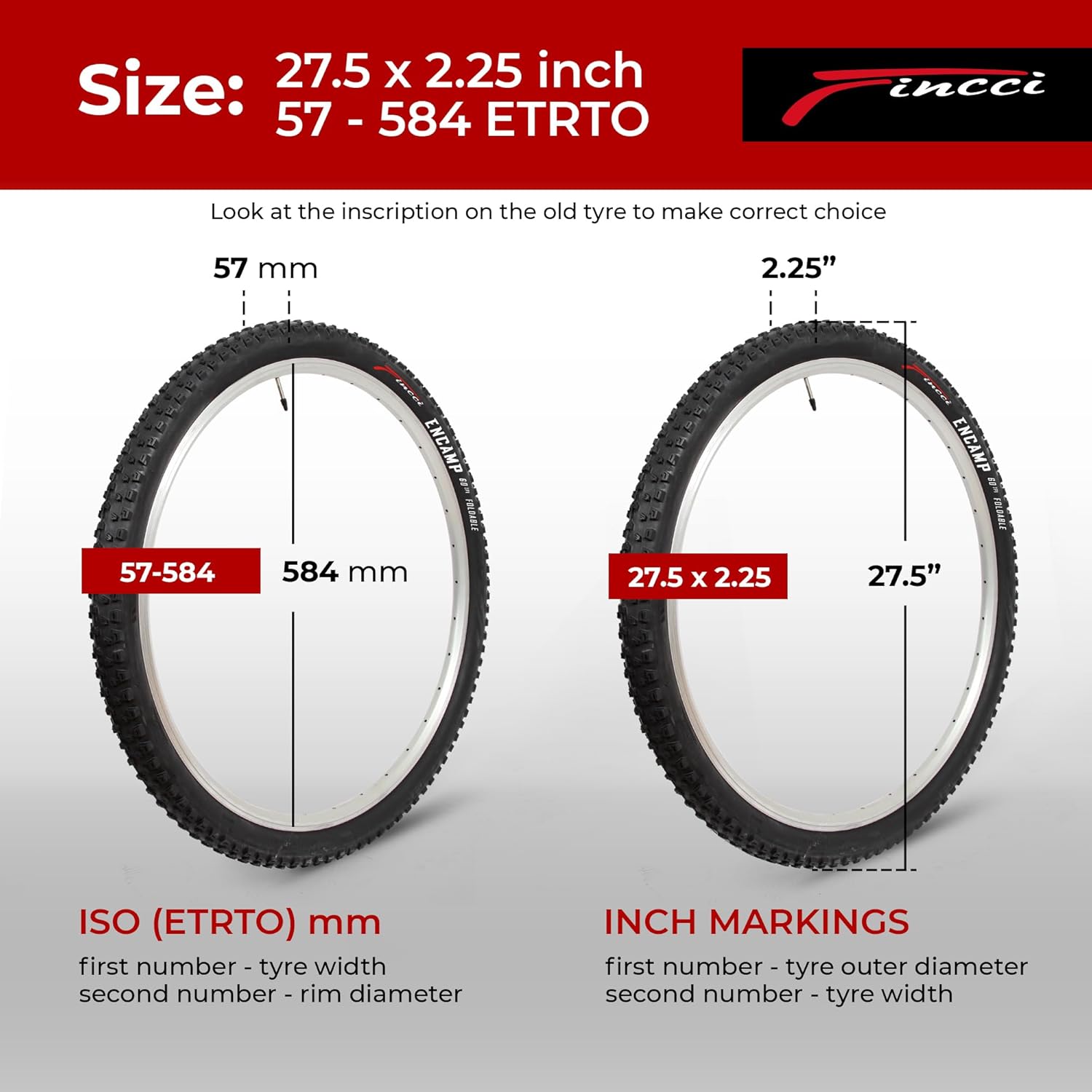 27.5 x 2.25 inch mountain bike tire size guide 57-584 ETRTO MTB tyre measurement chart