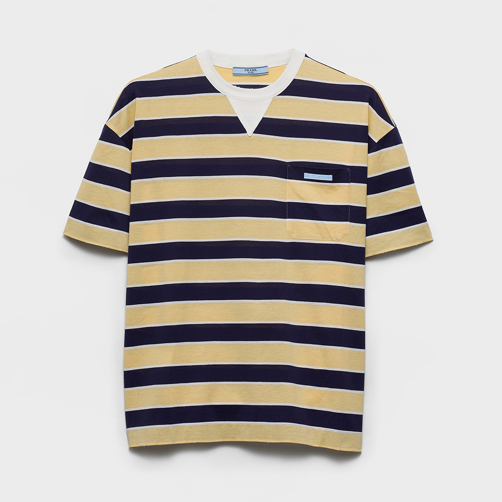 PRADA Blue cream Bayadere Striped Lisle Cotton T-shirt #388173