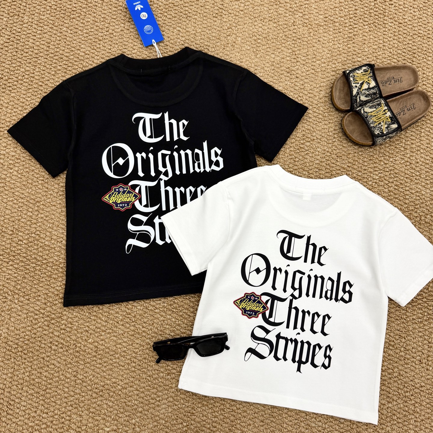 Adidas Originals Unisex Kids Short Sleeve T-Shirt Gothic Letter The Originals Three Stripes Print Cotton Tee Full Complete Tags Sizes 90-150 Boys Girls Summer Casual Top