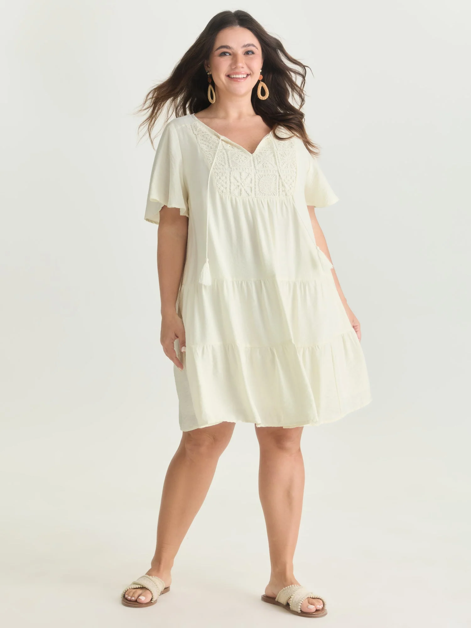 Lace Drawstring Neckline Tiered Mini Dress