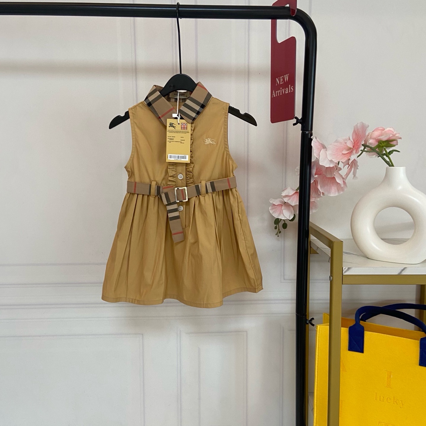 Burberry Girls Vintage Check Collar Belt Sleeveless Shirt Midi Dress Kids Sizes 90-130 Khaki
