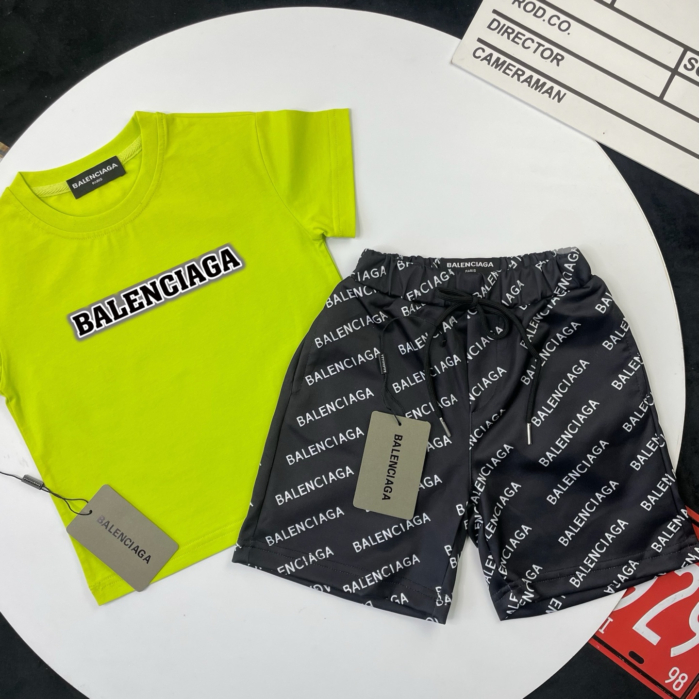 Balenciaga Unisex Kids Fluorescent Lime Black Shadow Border Logo Short Sleeve T-Shirt & Black All Over Letter Print Casual Shorts 2 Piece Set Boys Girls Sizes 90-150