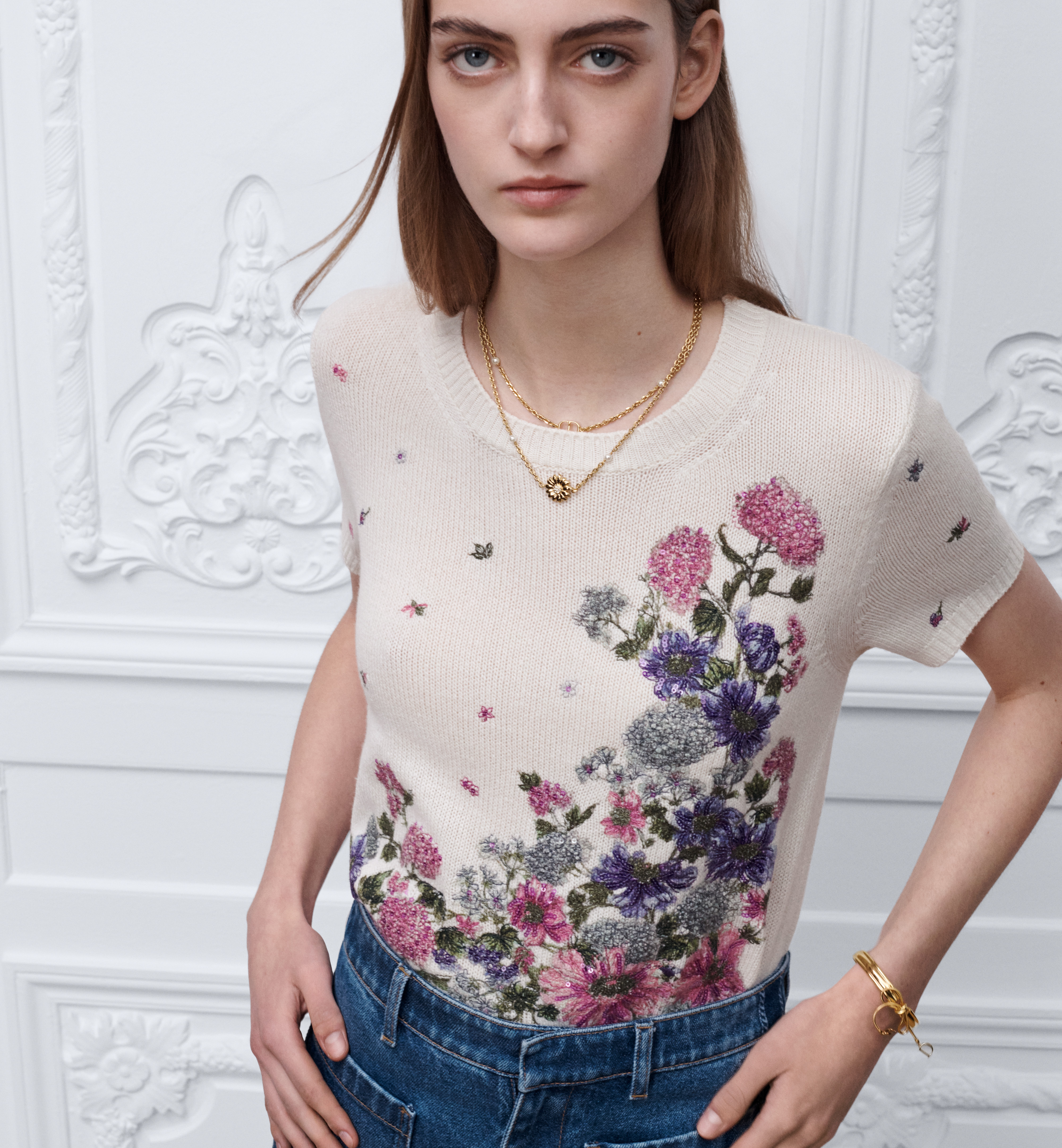 Dior multicolor Clothing DIOR Short-Sleeved Embroidered Sweater Ecru Cashmere Knit with Multicolor Dior Hortensia Garden Moti