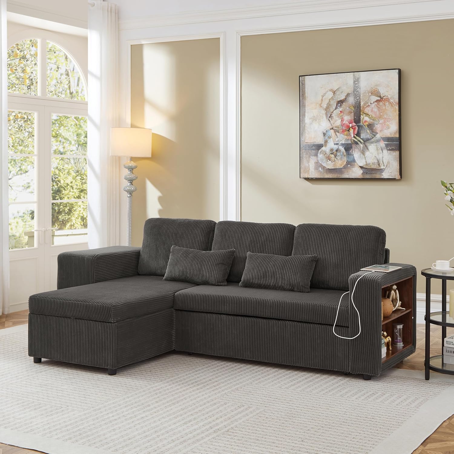 Merax L Shaped Sofa with Reversible Chaise, 3 Seater Corner Sofa with Storage Ottoman, USB Charging & Cup Holder, Sectional Sofa with Washable Covers, Linen Fabric Sofa for Living Room (Beige)