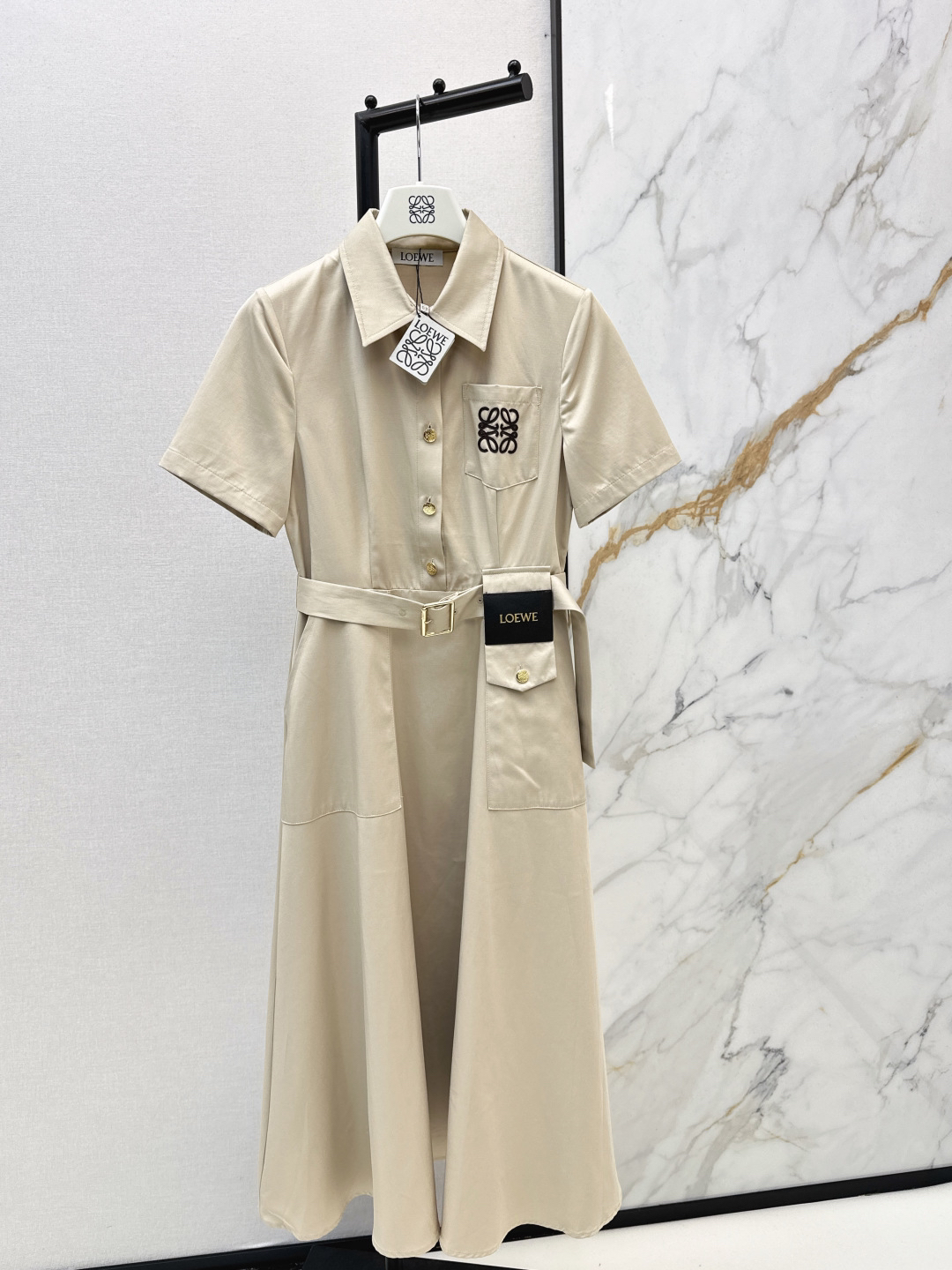 [TOP] LOEWE Short-Sleeve Logo Embroidered Long Dress - Beige