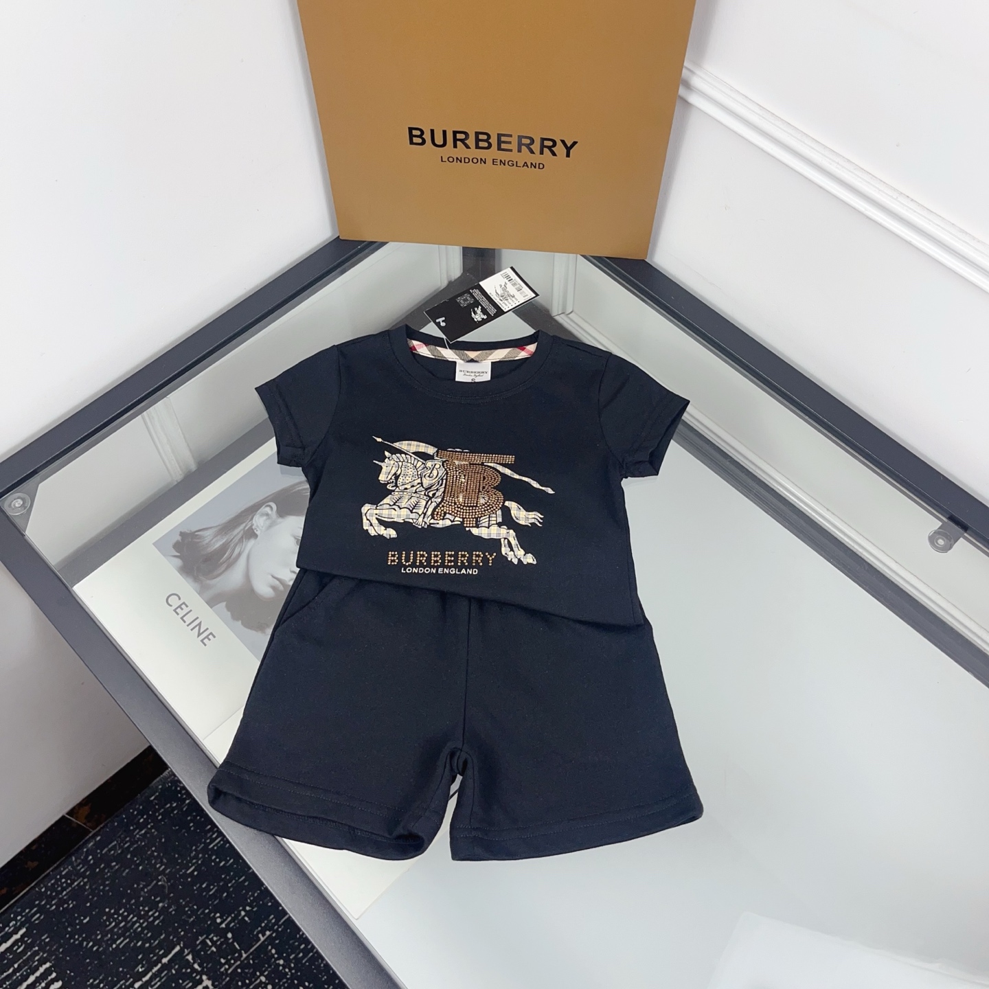Burberry Unisex Kids Black Rhinestone Equestrian Knight Print Short Sleeve T Shirt & Solid Elastic Waist Knit Shorts Two Piece Casual Matching Set Boys Girls Sizes 90-130
