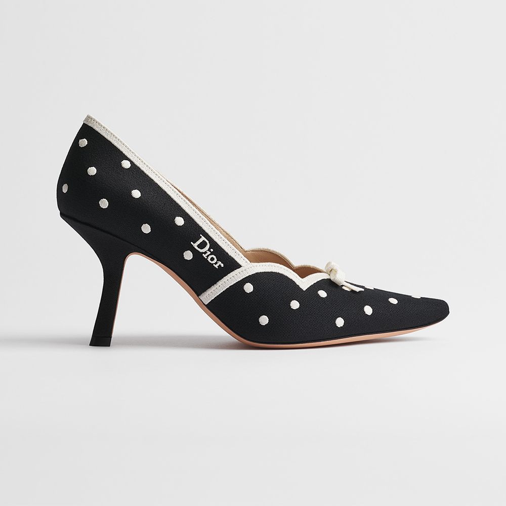 Dior black Shoes DIOR Dior Romance Pump Black Cotton Embroidered with White PolkaDior Motif #395844 | Nigo Office