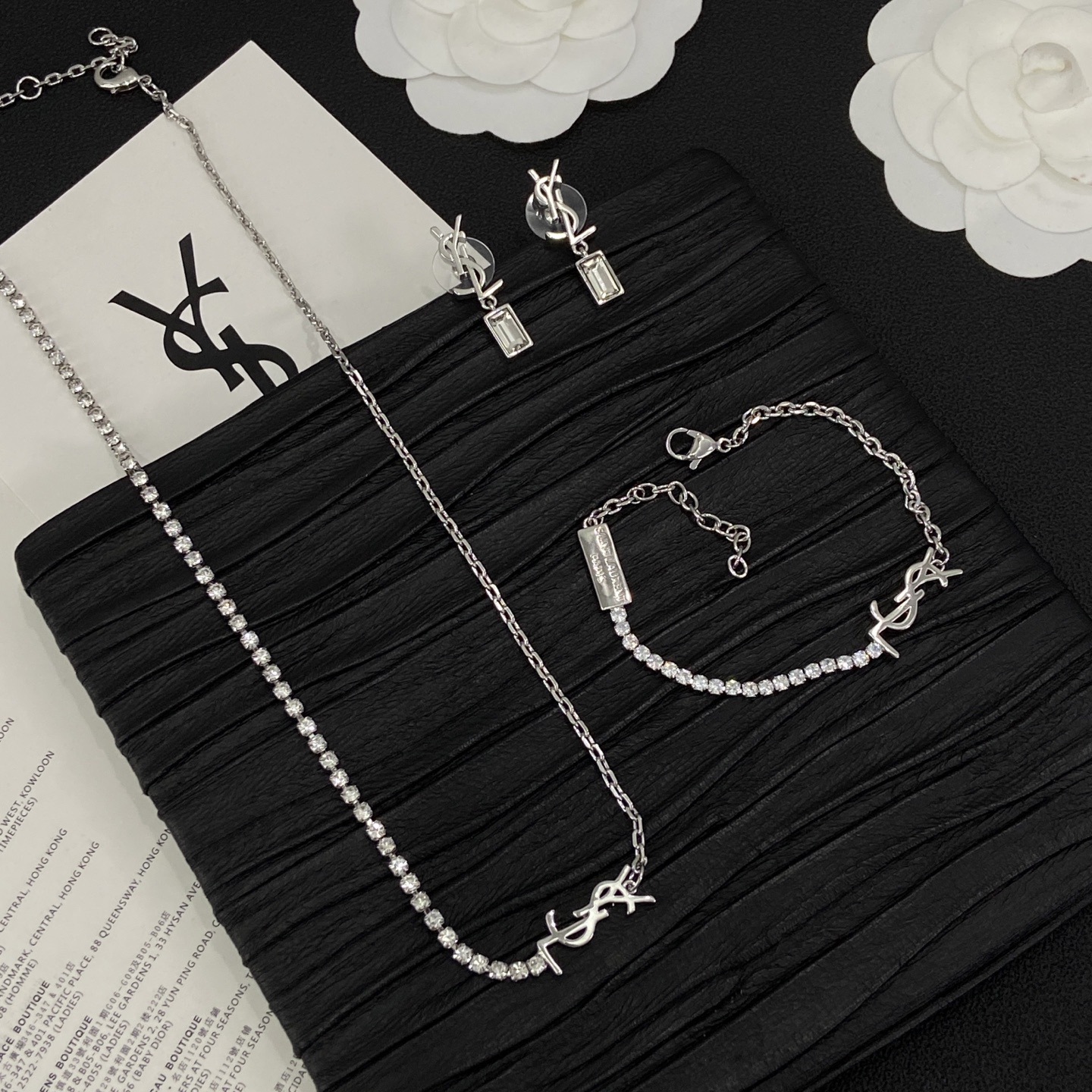 [TOP] Yves Saint Laurent YSL Earrings + Bracelet + Necklace Set - Silver - 711 Luxury