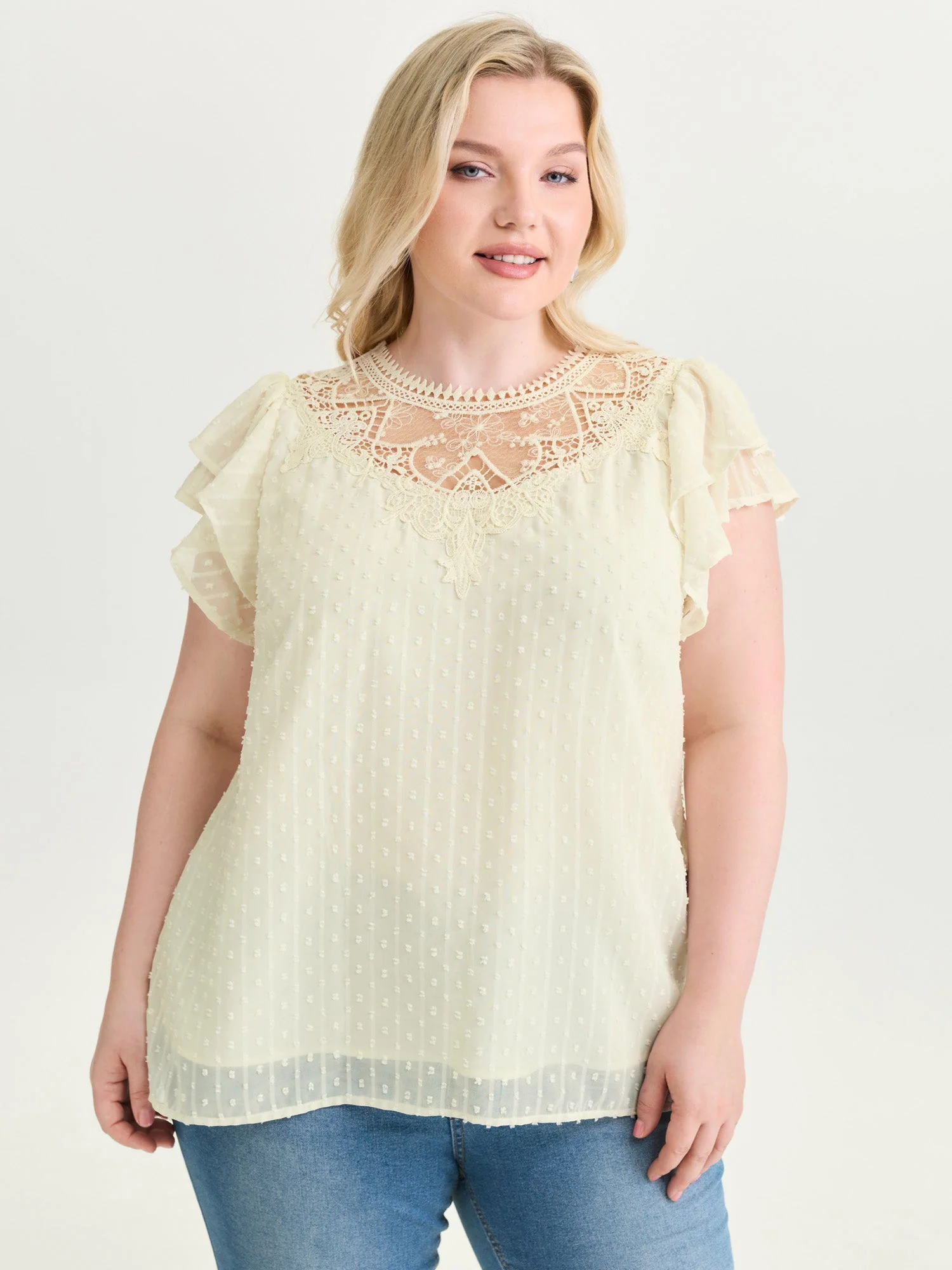 Sheer Lace Neckline Layered Sleeve Blouse