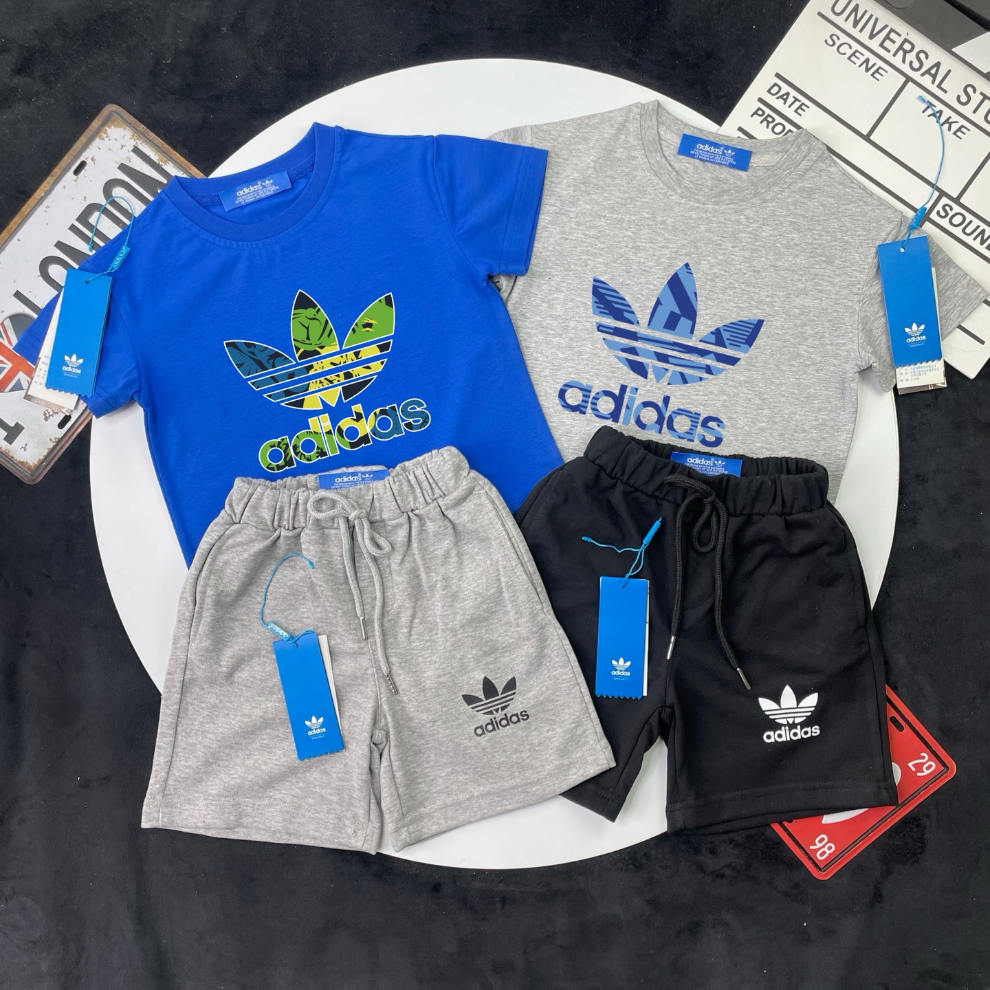 Adidas Unisex Kids 2-Piece Trefoil Graphic Short Sleeve Tee & French Terry Sweat Shorts Summer Outfit Boys Girls Separates Available Sizes 90-150