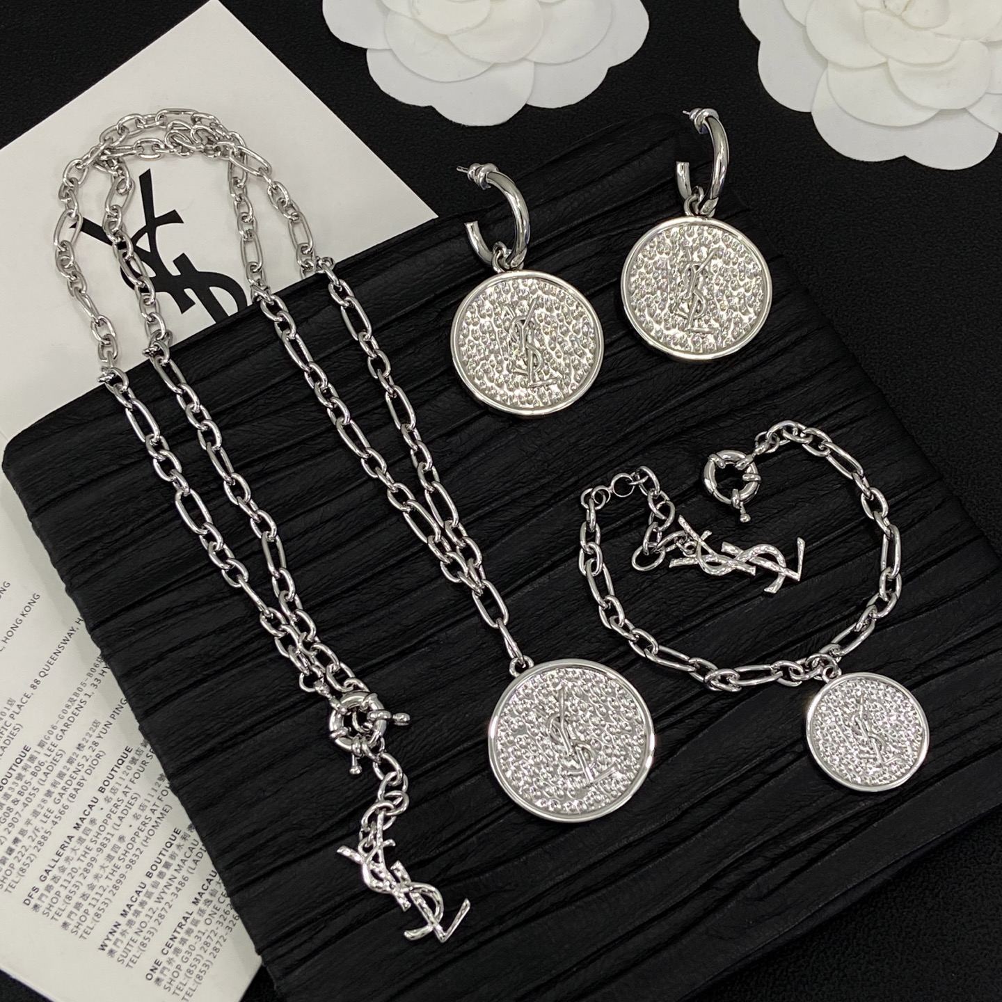 [TOP] Yves Saint Laurent YSL Earrings + Bracelet + Necklace Set - Silver - 711 Luxury