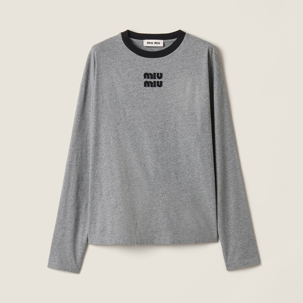 Designer black Clothing MiuMiu Gray black Long-sleeved Cotton Jersey T-shirt #395441 | Nigo Office