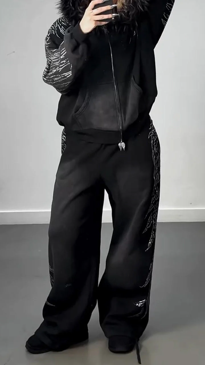 Women Hooded Hot Stamping Rhinestone Jacket+ Pants Casual Set
