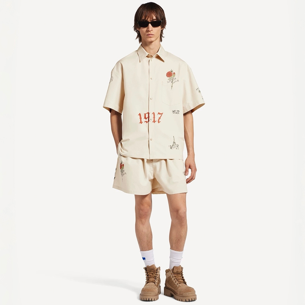 Balenciaga White Tattoo Wide Fit Shorts Shirt in Cotton Poplin #382148