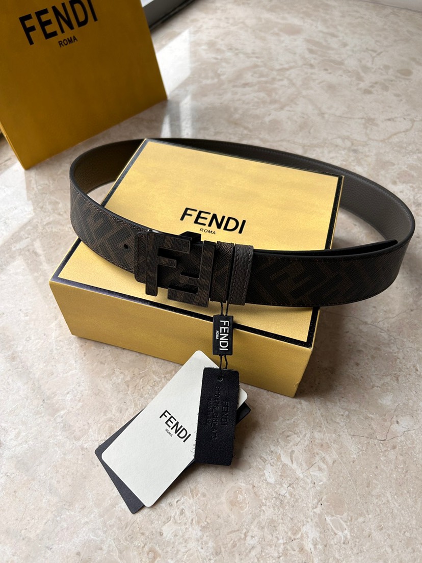 [TOP] FENDI Men's Belt Cowhide 4cm - Brown and Gray - 711 Luxury