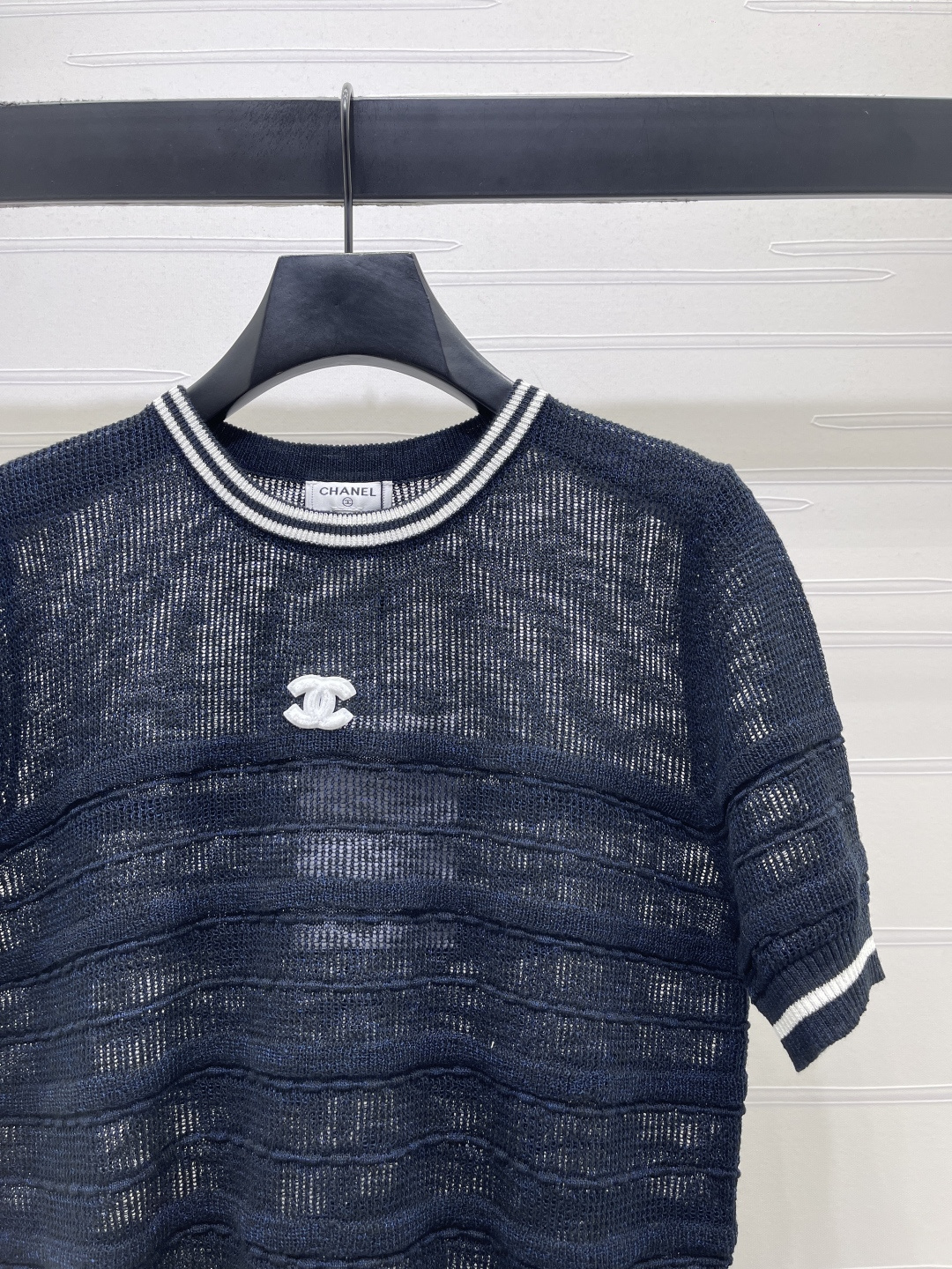 [TOP] CHANEL Double C Logo Cutout Knitted Short-sleeve T-shirt - Blue - 711 Luxury