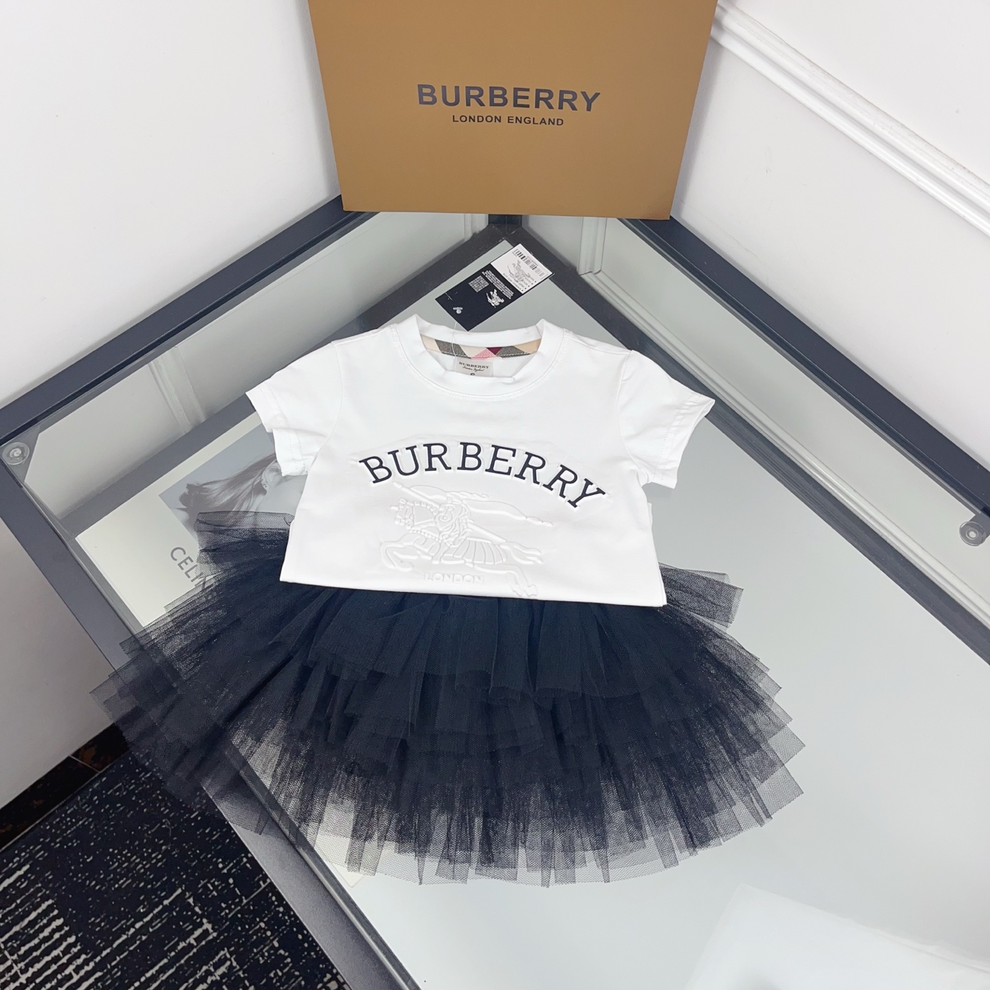 Burberry Girls White Embossed Letter Equestrian Print Short Sleeve T Shirt & Multi-Layer Black Soft Tulle Tutu Skirt Two Piece Princess Outfit Sizes 90-130, Little Girls Matching Set