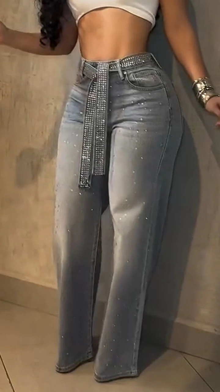 Women High Waisted Hot Pressed Diamond Temperament Casual Jeans