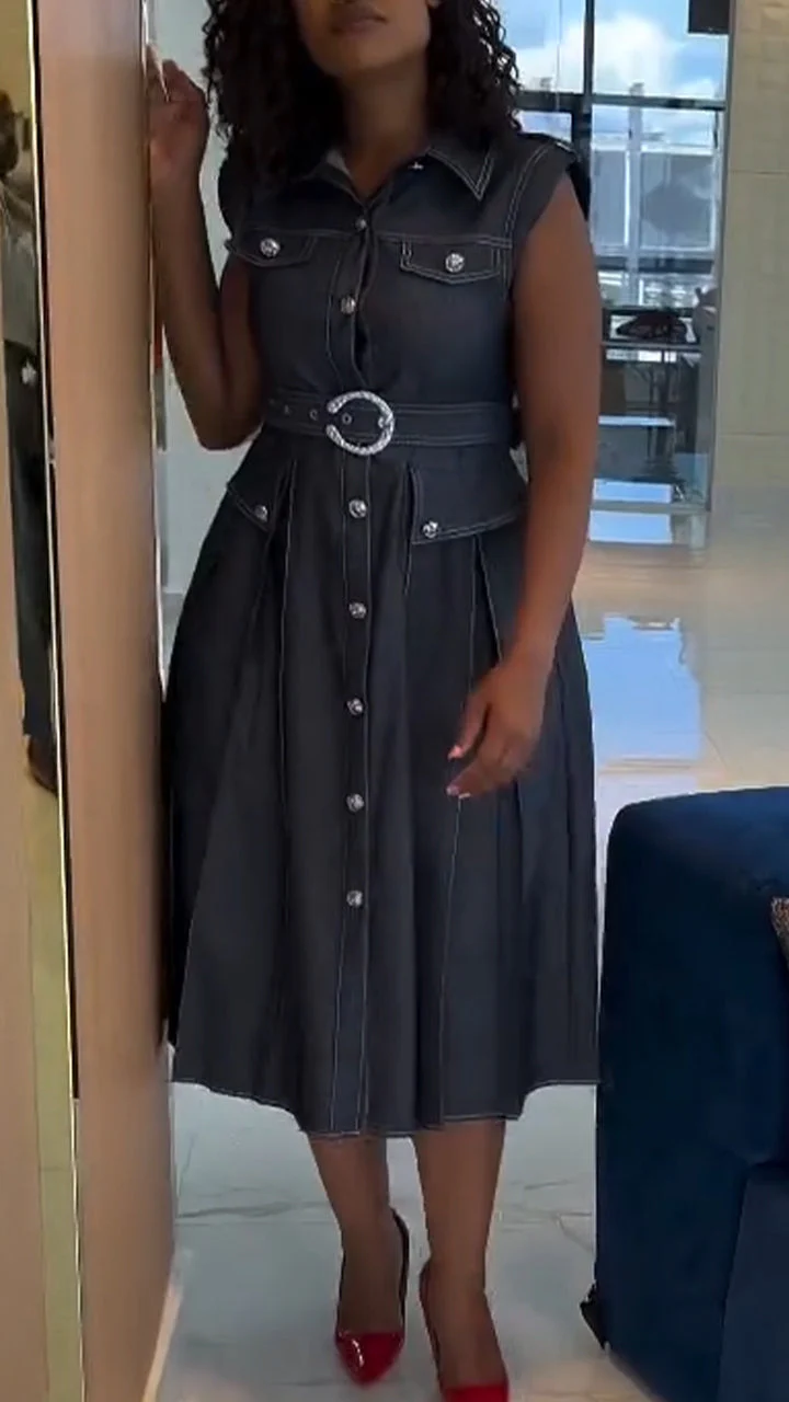 Womens Lapel Button-down Waist Casual Dress