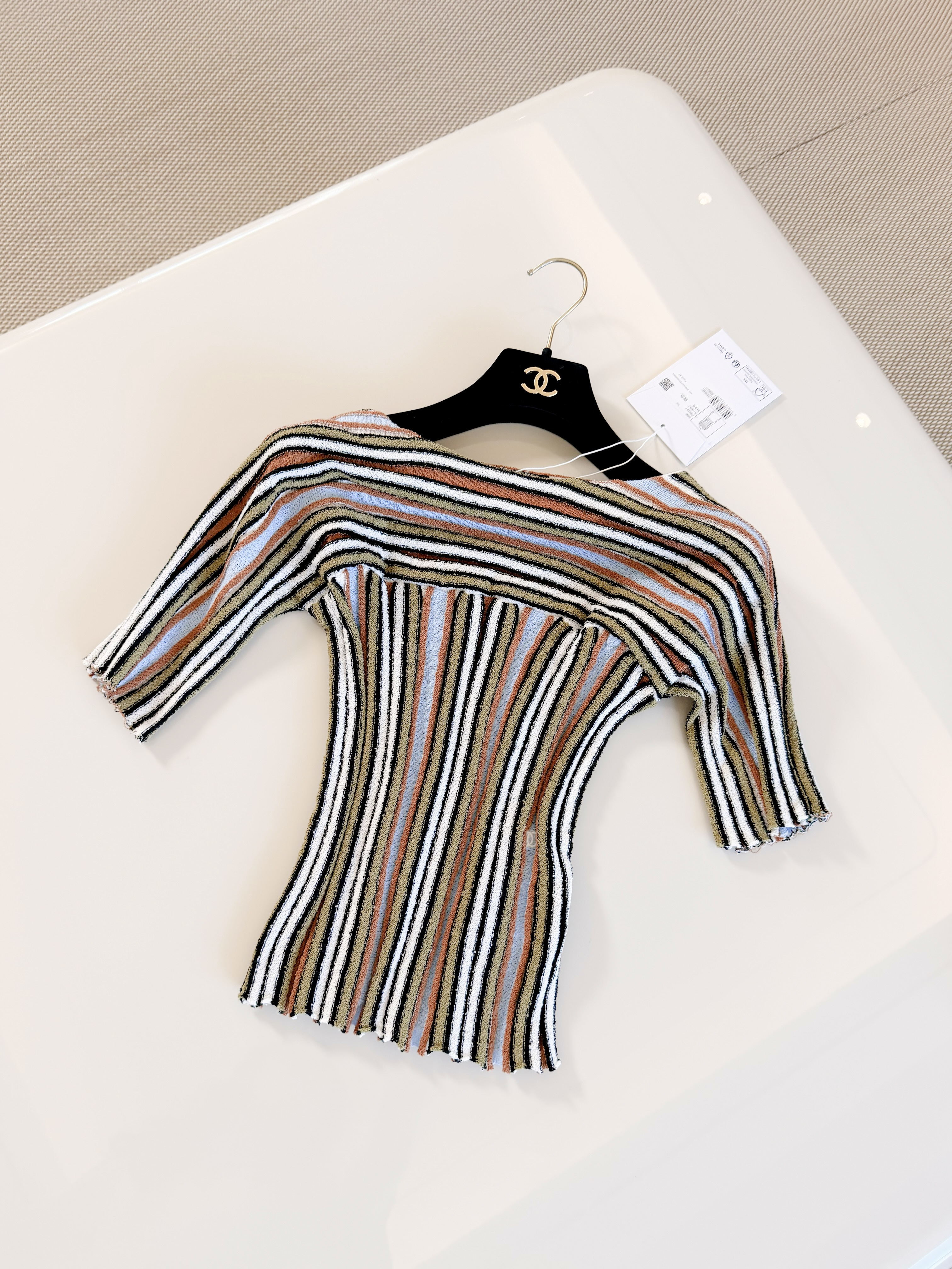 CHANEL Top Cotton Khaki Blue Orange #385164